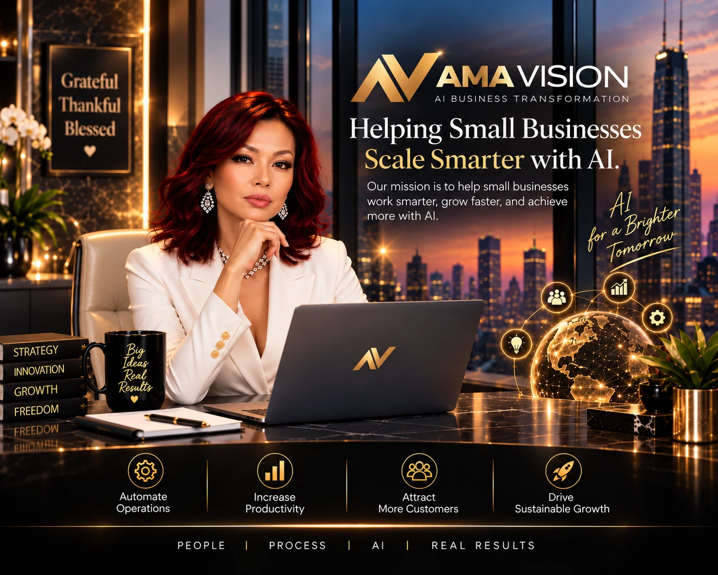 Lily Thien of AMA Vision at her desk — helping small businesses scale smarter with AI